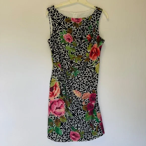 Joseph Ribkoff Black & White Scroll Floral Print Sleeveless Sheath Dress Size 8 - Picture 2 of 10